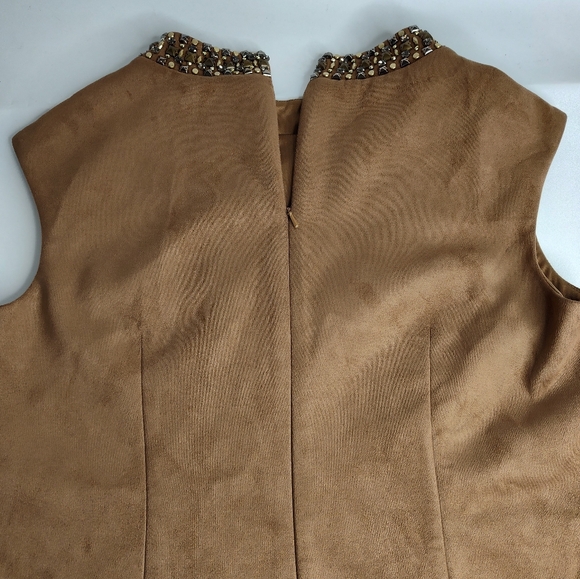 Vince Camuto Brown Women  Suede Shift Dress 14 Jeweled Neckline Sleeveless Zip - Picture 6 of 13